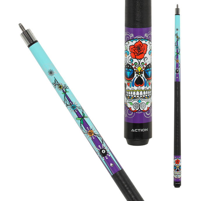  Action Calavera CAL04 Cue SKU: CAL04 Forearm : Aqua blue with purple points decorated by flowers, hearts and 8-ball bursts Wrap : Black Irish linen Butt Sleeve : Purple with bedazzled 