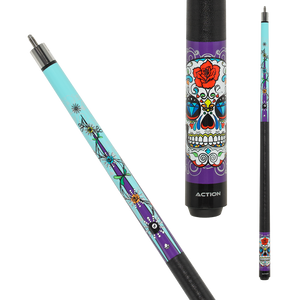  Action Calavera CAL04 Cue SKU: CAL04 Forearm : Aqua blue with purple points decorated by flowers, hearts and 8-ball bursts Wrap : Black Irish linen Butt Sleeve : Purple with bedazzled "Diamond" sugar skull design 