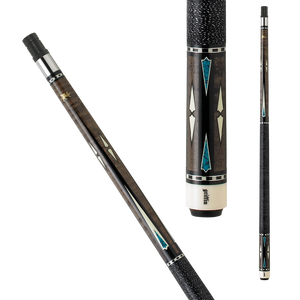 Griffin GR05 Pool Cue SKU: GR05 Shaft : AAA grade Canadian hard rock maple, 29" with 13" pro taper Pin : 5/16x18 Collar : Stainless steel collar with a black composite ring and a thin silver ring inside Forearm : Dark gray stained hard rock maple with four, ebony, ivory and turquoise overlaid points, floating diamond-like ivory designs and gold griffin logo Wrap : Black Irish linen with white specks
