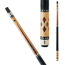 Load image into Gallery viewer, Griffin GR11 Pool Cue SKU: GR11 Ferrule: 1&quot; Fiber linen ferrule Shaft: 29&quot; AAA grade Canadian hard rock maple, 13&quot; pro taper, brass insert Collar: Stainless steel collar with two thin silver rings sandwiching a white and black Acrylite checkered ring Joint: Piloted stainless steel 5/16 18 pin Forearm: Hard rock maple with brown wood grain, black, white and swirl geometric point overlays with a black composite ring and two thin silver rings sandwiching a white and black Acrylite checkered ring by the wrap