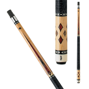 Griffin GR11 Pool Cue SKU: GR11 Ferrule: 1" Fiber linen ferrule Shaft: 29" AAA grade Canadian hard rock maple, 13" pro taper, brass insert Collar: Stainless steel collar with two thin silver rings sandwiching a white and black Acrylite checkered ring Joint: Piloted stainless steel 5/16 18 pin Forearm: Hard rock maple with brown wood grain, black, white and swirl geometric point overlays with a black composite ring and two thin silver rings sandwiching a white and black Acrylite checkered ring by the wrap