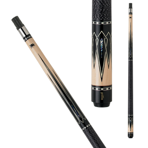 Griffin GR26 Pool Cue SKU: GR26 Shaft : 29" Canadian hard rock maple, 13" pro taper with a brass insert Pin : 5/16x18 Collar : Stainless steel collar with a black composite ring and a thin silver ring inside Forearm : Hard rock maple with black and white overlaid points and marble ascent overlays Wrap : Black Irish linen with white specs