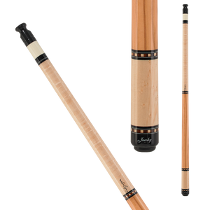  Jacoby JCB01 Pool Cue SKU: JCB01 Tip : 12.75mm Tiger Everest  Ferrule : Hydex 202  Shaft : 29" Ultra Super Pro taper, 128 piece veneers  Pin : Uniloc  Collar : Black Collar with Silver Ring or Black Collar Forearm : Birdseye maple Wrap : None - Olivewood Butt Sleeve : Black with white Jacoby logo Butt Plate : Black with white Jacoby logo Bumper : Threaded black rubber with Jacoby logo