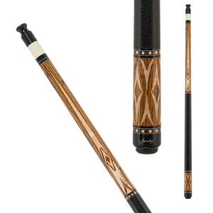 Jacoby JCB03 Pool Cue  Tip : 12.75mm Tiger Everest  Ferrule : Hydex 202  Shaft : 29" Edge Shaft Pin : Radial Collar : Black collar with two white rings Forearm : None - Cocobolo Wrap : Black textured leather Butt Sleeve : Bacote with tiger striped maple inlays Butt Plate : Black with white Jacoby logo Bumper : Threaded black rubber with Jacoby logo 