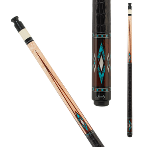  Jacoby JCB05 Pool Cue SKU: JCB05 Tip : 12.75mm Tiger Everest  Ferrule : Hydex 202  Shaft : 29" Ultra Super Pro taper, 128 piece veneers  Pin : Radial Collar : Black collar with two white rings Forearm : Birdseye maple with Cocobolo points, turquoise and Mother of Pearl diamond inlays Wrap : Black textured leather Butt Sleeve : Cocobolo with turquoise and Mother of Pearl diamonds Butt Plate : Black with white Jacoby logo Bumper : Threaded black rubber with Jacoby logo 