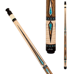  Jacoby JCB08 Pool Cue SKU: JCB08 Tip : 12.75mm Tiger Everest  Ferrule : Hydex 202  Shaft : 29" Ultra Super Pro taper, 128 piece veneers  Pin : Radial Collar : Black collar with two white rings Forearm : Tiger striped maple with Bacote, turquoise and Ebony inlays Wrap : None - Bacote with Ebony, tiger striped Maple and turquoise diamonds Butt Sleeve : Tiger striped maple with Ebony, Bacote and turquoise diamonds Butt Plate : Black with white Jacoby logo Bumper : Threaded black rubber with Jacoby logo 