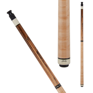  Jacoby JCB13 Pool Cue SKU: JCB13 Tip : 12.75mm Tiger Everest tip Ferrule : Hydex 202  Shaft : 29” Ultra Pro taper w/140 piece veneers Pin : Radial Collar : Black Collar Forearm : Bocote with birdseye maple alternating height points with black diamonds and brass dots Wrap : None- Black with zircote rings, elforyn diamonds and mother of pearl dot rings Butt Sleeve : Birdseye maple  Butt Plate : Cream with Jacoby logo Bumper : Threaded black rubber 