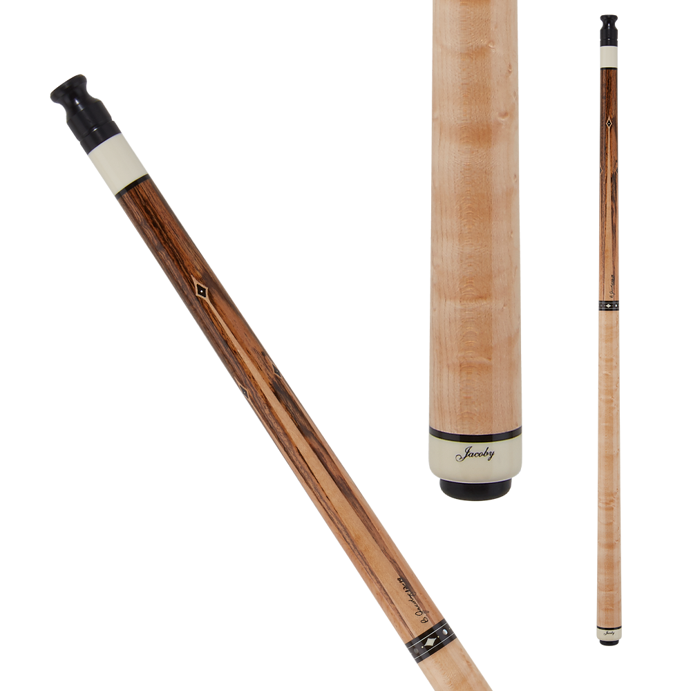 Jacoby JCB13 Pool Cue SKU: JCB13 Tip : 12.75mm Tiger Everest tip Ferrule : Hydex 202  Shaft : 29” Ultra Pro taper w/140 piece veneers Pin : Radial Collar : Black Collar Forearm : Bocote with birdseye maple alternating height points with black diamonds and brass dots Wrap : None- Black with zircote rings, elforyn diamonds and mother of pearl dot rings Butt Sleeve : Birdseye maple  Butt Plate : Cream with Jacoby logo Bumper : Threaded black rubber 