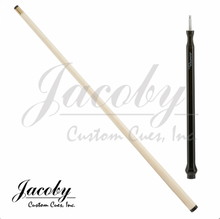 Load image into Gallery viewer, Jacoby JCBJMP Jump Cue SKU: JCBJMP BLACK Tip : 13mm G10 Ferrule : 3/4 Brass  Shaft : 29&quot; Solid Hardrock Maple Pin : Radial Collar : None Forearm : None - black stained Curly Maple jump handle with etched JUMPER by Jacoby in silver on jump handle    Bumper : Jacoby Plug Bumper  Weight: 9oz