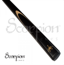 Load image into Gallery viewer, Scorpion SCOSNK Snooker Cue SKU: SCOSNK Tip: 10mm Water Buffalo Ferrule: 1&quot; Ivorene-3 fiber linen Shaft: 29&quot; wood core shaft with fiber glass coating. 13-14&quot; pro taper. The plastic insert in the shaft seals and protects it from outside conditions Collar: Black composite with a thin gold ring inside Joint: Stainless steel 3/8 14 pin Joint Protector: JPSC 3/8-14 Forearm: Black Wrap: None Sleeve: Wood core with black fiber glass coating and white traditional splice.