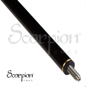 Scorpion SCOSNK Snooker Cue SKU: SCOSNK Tip: 10mm Water Buffalo Ferrule: 1" Ivorene-3 fiber linen Shaft: 29" wood core shaft with fiber glass coating. 13-14" pro taper. The plastic insert in the shaft seals and protects it from outside conditions Collar: Black composite with a thin gold ring inside Joint: Stainless steel 3/8 14 pin Joint Protector: JPSC 3/8-14 Forearm: Black Wrap: None Sleeve: Wood core with black fiber glass coating and white traditional splice.