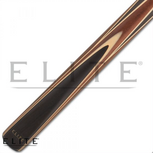 Load image into Gallery viewer, Elite ELSNK04 Snooker Cue SKU: ELSNK04 Tip : 10 mm snooker tip, Proprietary Ferrule : Brass Shaft : Ash with European taper Pin : 5/16x18 Collar : None Forearm : Ash wood spliced into sleeve Wrap : None Butt Sleeve : Ash with four black wood prongs and white, acacia, white and black wood spliced veneers Butt Plate : None Bumper : Black rubber