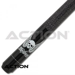 Action Mayhem MAY10 Cue SKU: MAY10 Tip: 10 layered, vacuum sealed, 13mm proprietary boar skin tip Ferrule: 1" Fiber linen ferrule Shaft: 29" hard rock maple, 13" pro taper, piloted brass insert Collar: Stainless steel and a black composite ring with a single silver ring inside Joint: Piloted stainless steel 5/16 18 pin Forearm: Black stained maple with a dragon overlay Wrap: Black Irish linen with white specks Sleeve: Black stained maple with a white Mayhem logo overlay Butt Plate: Black composite