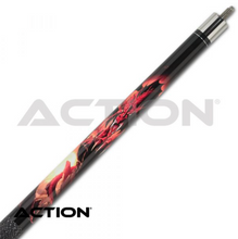 Load image into Gallery viewer, Action Mayhem MAY10 Cue SKU: MAY10 Tip: 10 layered, vacuum sealed, 13mm proprietary boar skin tip Ferrule: 1&quot; Fiber linen ferrule Shaft: 29&quot; hard rock maple, 13&quot; pro taper, piloted brass insert Collar: Stainless steel and a black composite ring with a single silver ring inside Joint: Piloted stainless steel 5/16 18 pin Forearm: Black stained maple with a dragon overlay Wrap: Black Irish linen with white specks Sleeve: Black stained maple with a white Mayhem logo overlay Butt Plate: Black composite