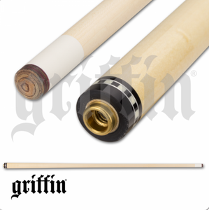 Griffin GR24 Pool Cue SKU: GR24 Shaft : AAA grade Canadian hard rock maple, 29" with 13" pro taper Pin : 5/16x18 Collar : Stainless steel collar with a black composite ring and a thin silver ring inside Forearm : Dark gray stained hard rock maple with six ebony and ivory alternating overlaid points, floating diamond-like ebony and ivory designs and gold griffin insignia Wrap : Black Irish linen