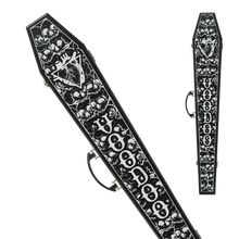 Load image into Gallery viewer,  Voodoo VODCOFB 1x1 Coffin Box Cue Case SKU: VODCOFB UPC: 822114091411 Color / Design Description : Black with white skulls, blood pulsing heart and Voodoo logo. Purple satin liner inside